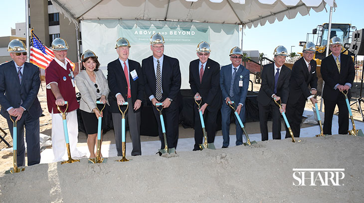 Executives, physicians, volunteers, donors, community leaders and government officials celebrate the groundbreaking of the new hospital at Sharp Chula Vista.