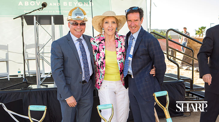 Hospital CEO Dr. Pablo Velez and Dr. Ken Roth with community donor celebrate the groundbreaking of the new hospital at Sharp Chula Vista.