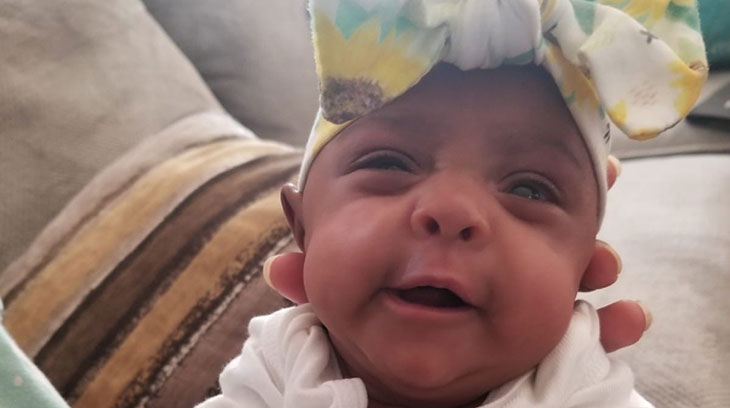 Baby Saybie is all smiles at home. Baby Saybie is all smiles at home.